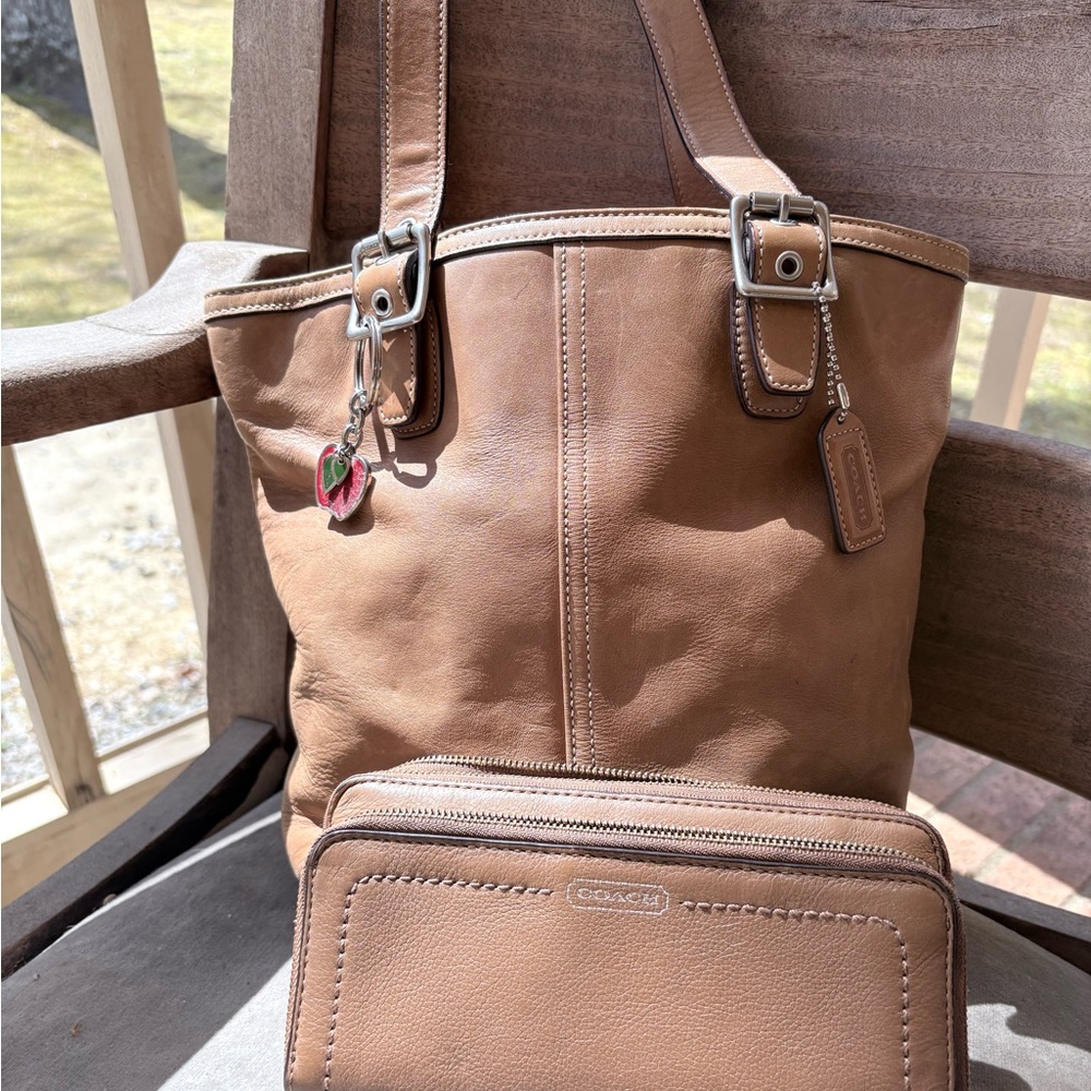 Coach Camel Leather Tote  with a wallet